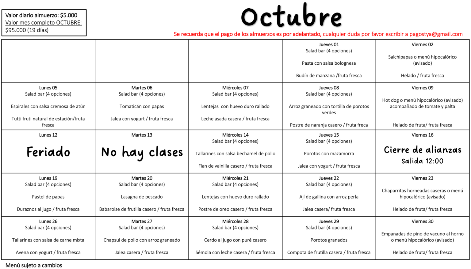 Menú Octubre